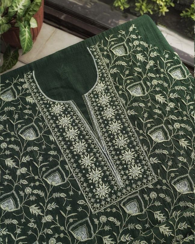 Bottle Green Mal Chanderi Silk Chikankari With Sequins Unstitched Kurta Dupatta Set