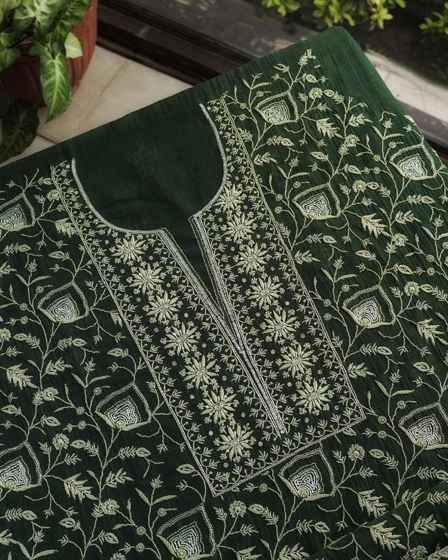 Bottle Green Mal Chanderi Silk Chikankari With Sequins Unstitched Kurta Dupatta Set