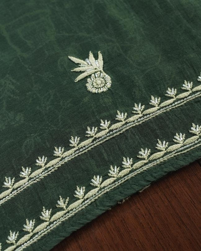 Bottle Green Mal Chanderi Silk Chikankari With Sequins Unstitched Kurta Dupatta Set