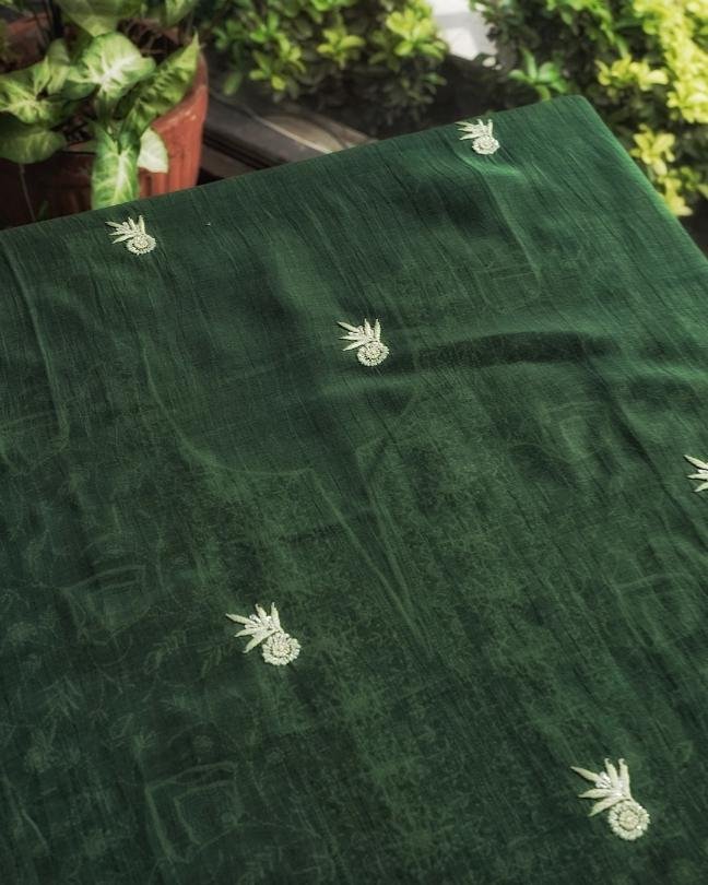 Bottle Green Mal Chanderi Silk Chikankari With Sequins Unstitched Kurta Dupatta Set
