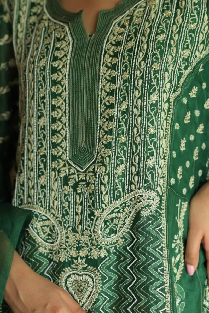 Bottle Green Noor Organza Chikankari Anarkali