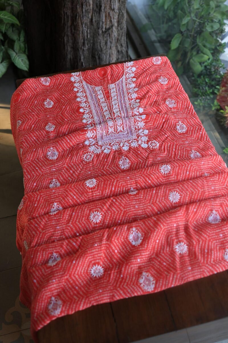 Carrot Pink Muslin Chikankari Kurta Fabrics