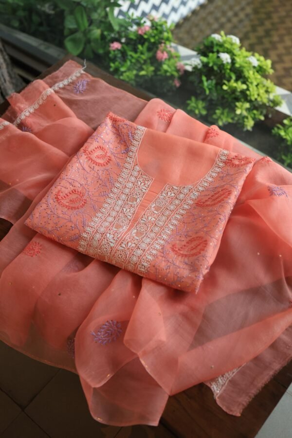 Carrot Pink Noor Organza Silk Chikankari With Mukaish Kamdani Fabric - Image 13