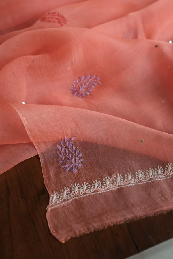 Carrot Pink Noor Organza Silk Chikankari With Mukaish Kamdani Fabric - Image 7