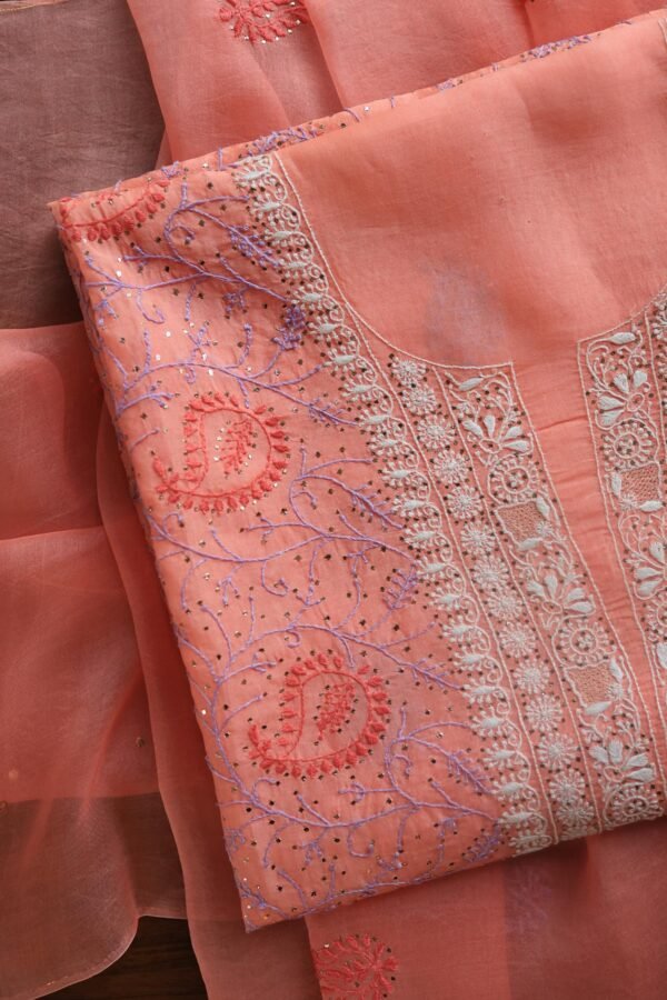 Carrot Pink Noor Organza Silk Chikankari With Mukaish Kamdani Fabric