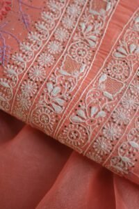 Carrot Pink Noor Organza Silk Chikankari With Mukaish Kamdani Fabric