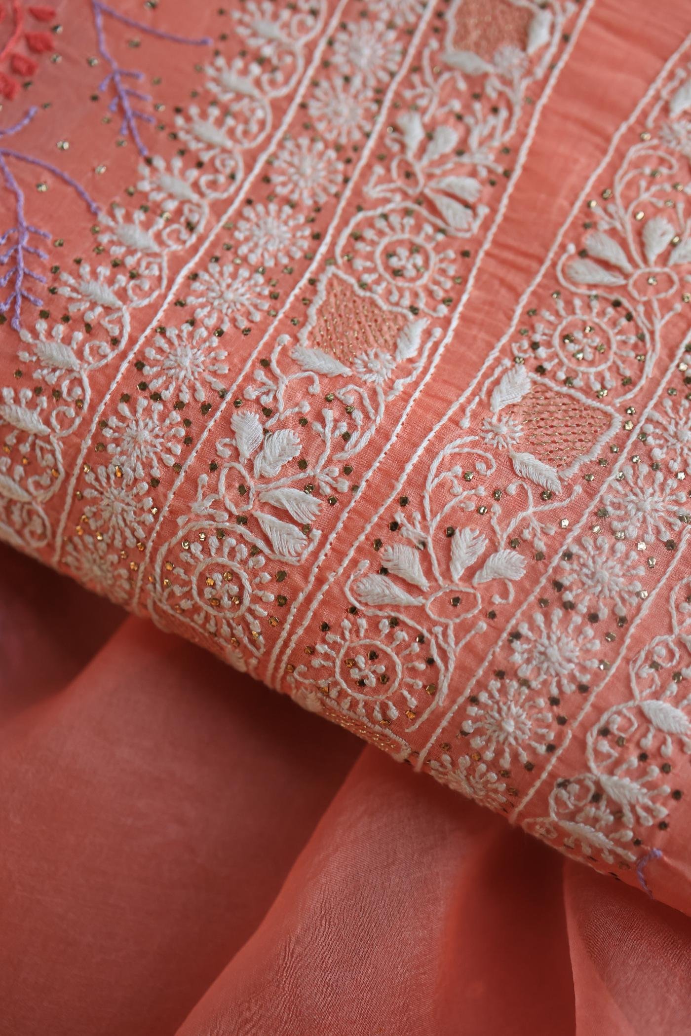 Carrot Pink Noor Organza Silk Chikankari With Mukaish Kamdani Fabric