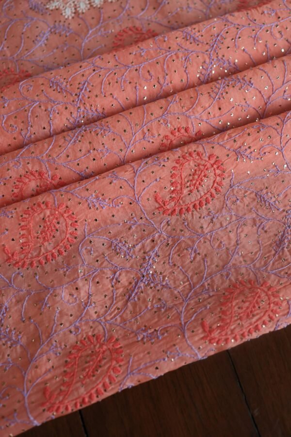 Carrot Pink Noor Organza Silk Chikankari With Mukaish Kamdani Fabric - Image 3