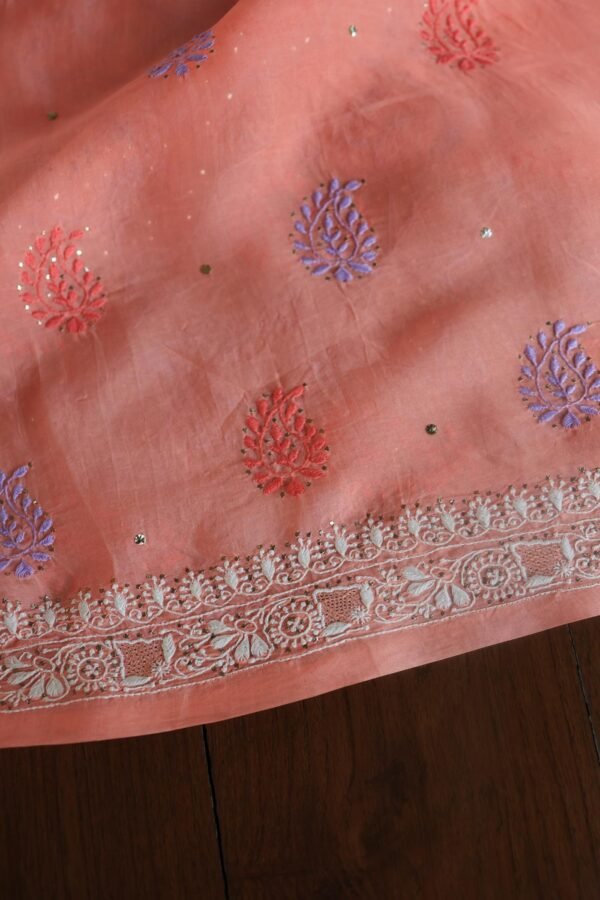 Carrot Pink Noor Organza Silk Chikankari With Mukaish Kamdani Fabric - Image 6