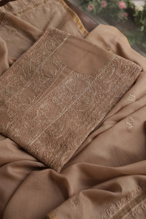 Coffee Brown Maheshwari Chikankari Unstitched Fabric - Image 6