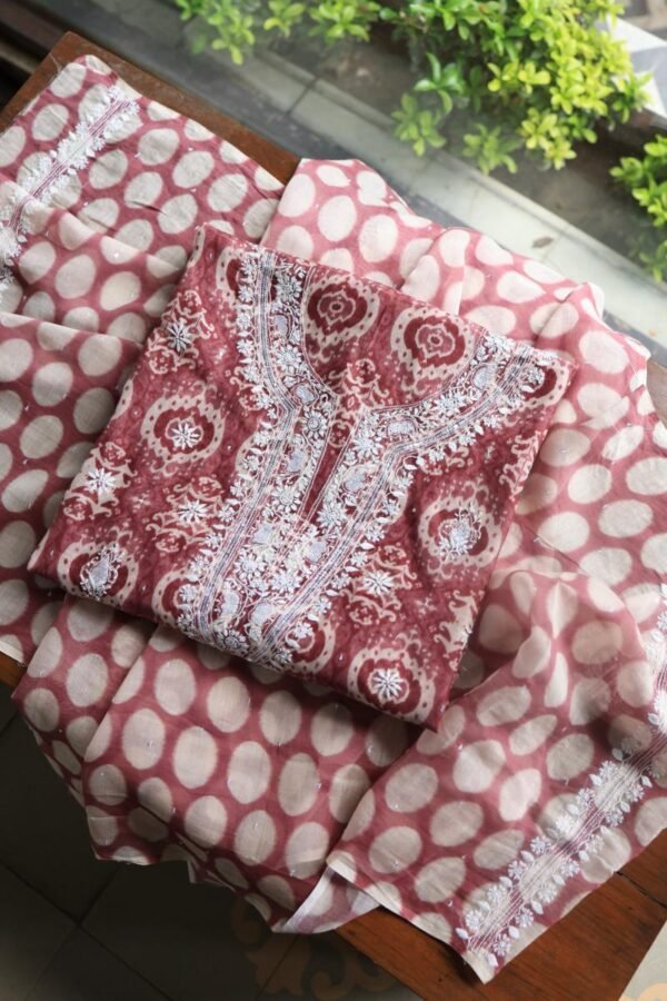 Copper Rose & White Soft Cotton Printed Unstitched Kurta Dupatta Set with Chikankari & Sequin Work - Image 3