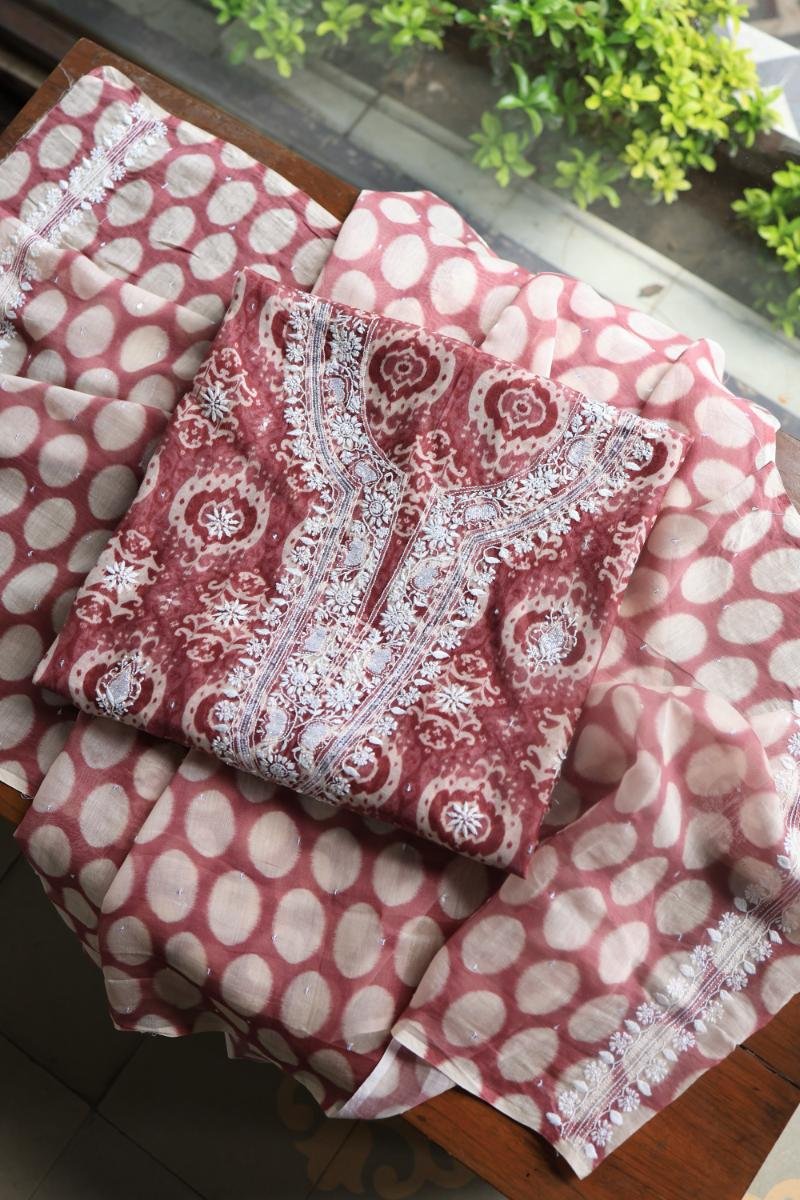 Copper Rose & White Soft Cotton Printed Unstitched Kurta Dupatta Set with Chikankari & Sequin Work