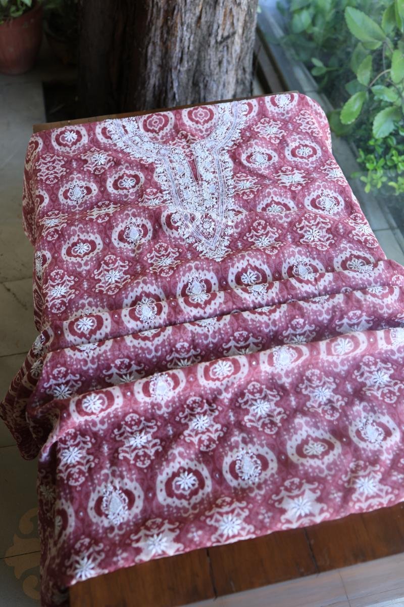 Copper Rose & White Soft Cotton Printed Unstitched Kurta Dupatta Set with Chikankari & Sequin Work