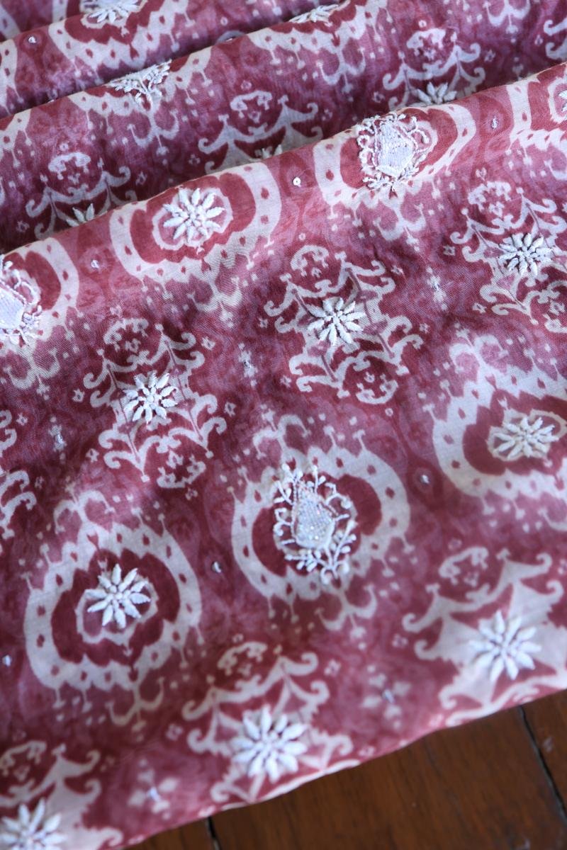 Copper Rose & White Soft Cotton Printed Unstitched Kurta Dupatta Set with Chikankari & Sequin Work