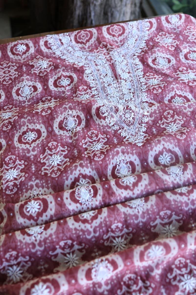 Copper Rose & White Soft Cotton Printed Unstitched Kurta Dupatta Set with Chikankari & Sequin Work