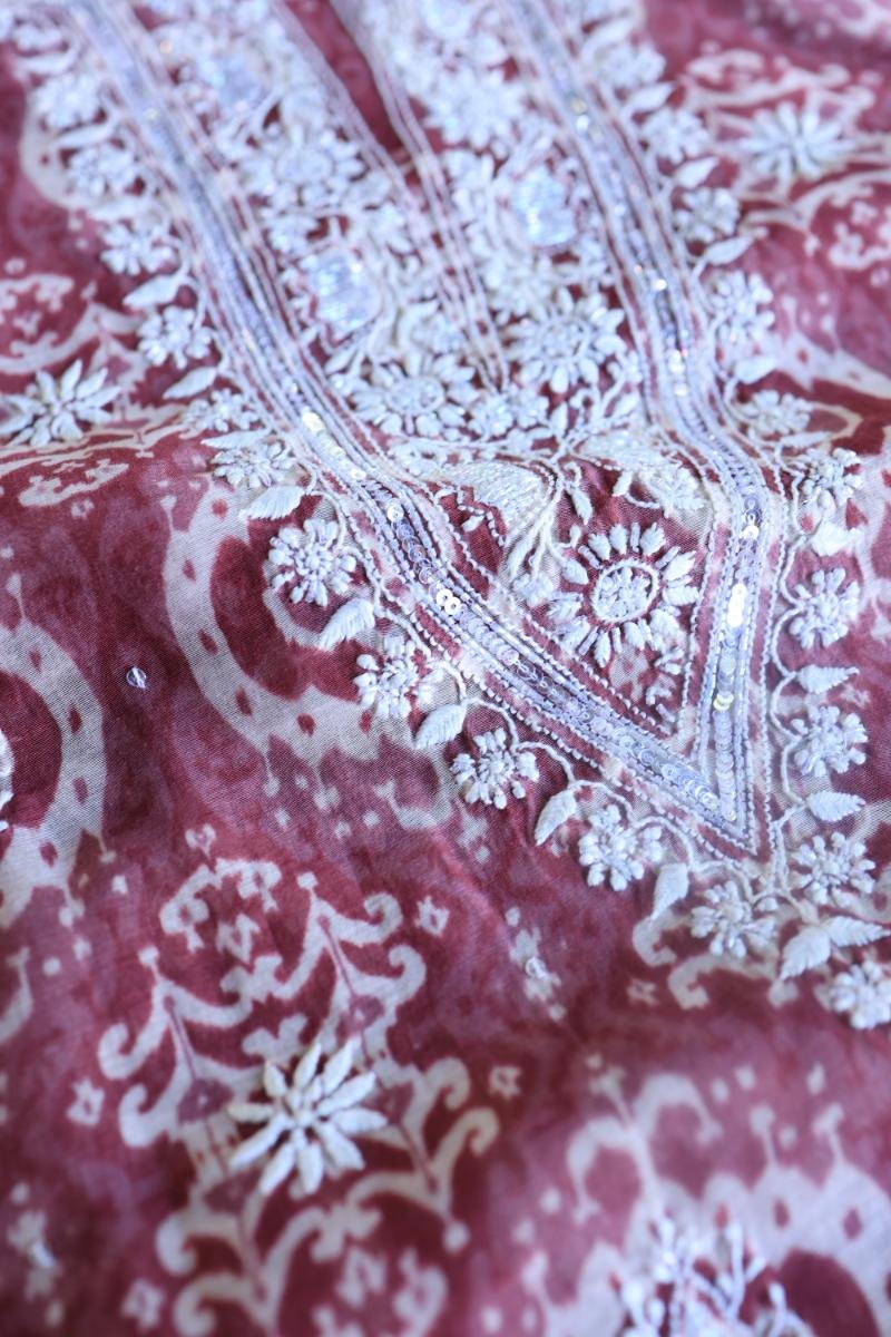 Copper Rose & White Soft Cotton Printed Unstitched Kurta Dupatta Set with Chikankari & Sequin Work