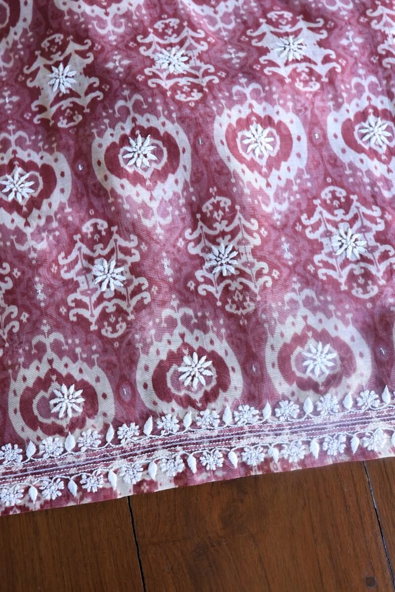 Copper Rose & White Soft Cotton Printed Unstitched Kurta Dupatta Set with Chikankari & Sequin Work