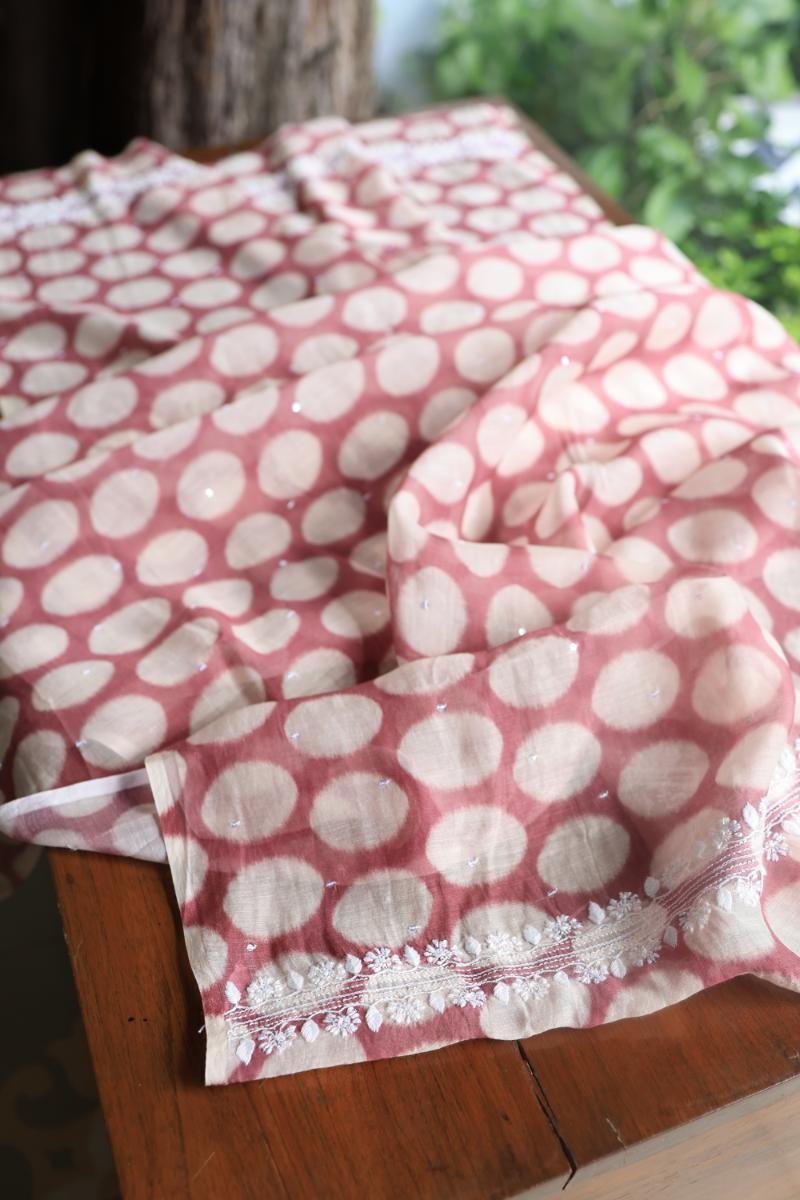 Copper Rose & White Soft Cotton Printed Unstitched Kurta Dupatta Set with Chikankari & Sequin Work