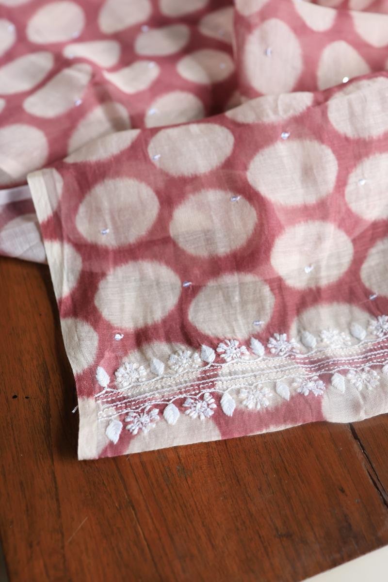 Copper Rose & White Soft Cotton Printed Unstitched Kurta Dupatta Set with Chikankari & Sequin Work