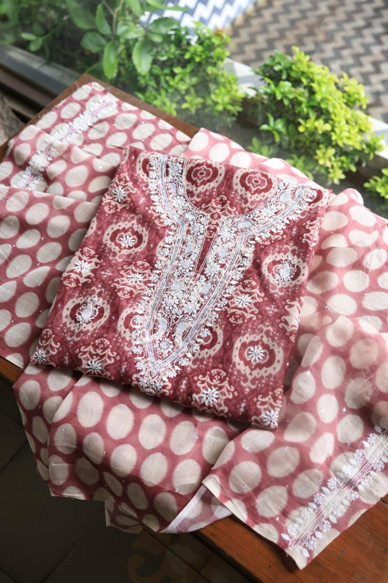 Copper Rose & White Soft Cotton Printed Unstitched Kurta Dupatta Set with Chikankari & Sequin Work