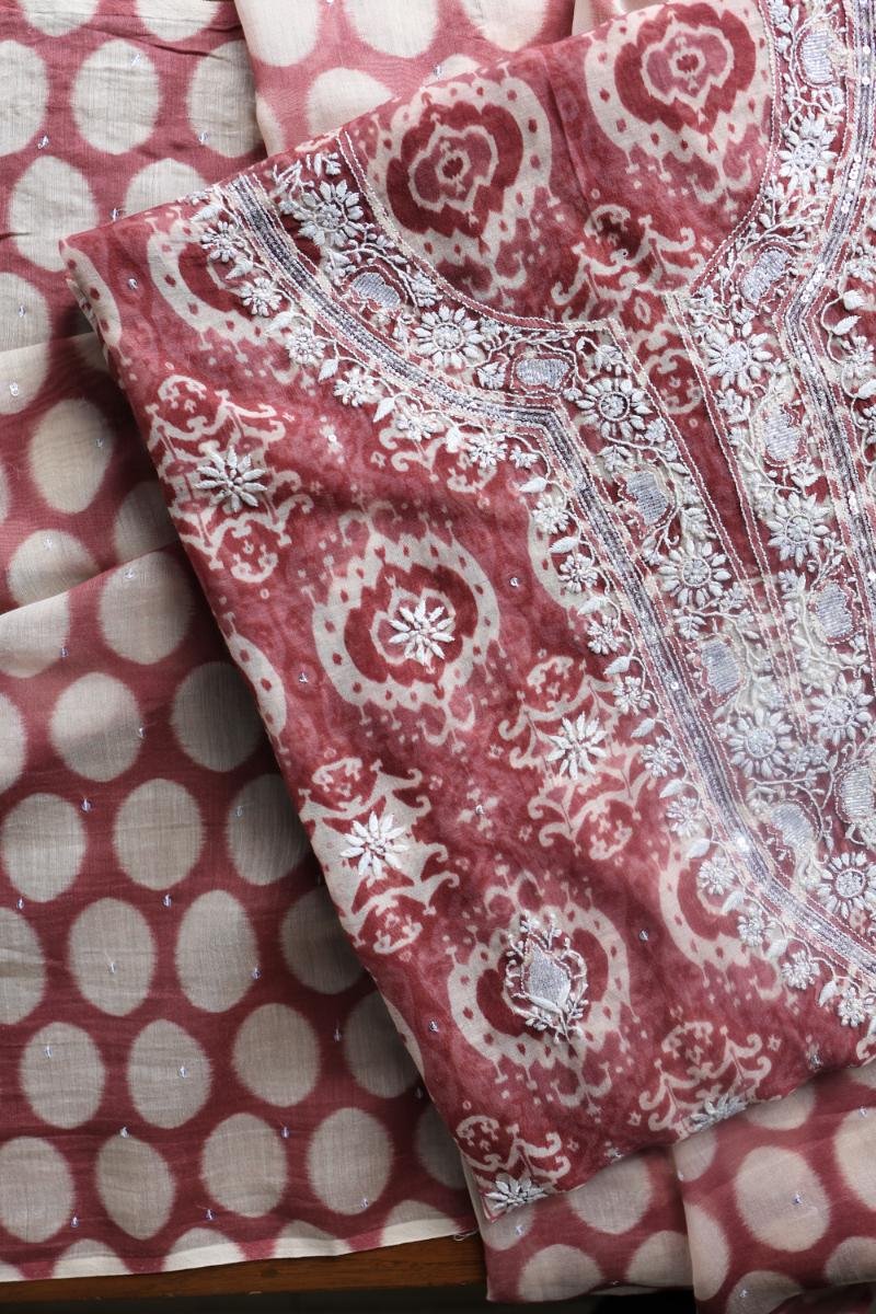 Copper Rose & White Soft Cotton Printed Unstitched Kurta Dupatta Set with Chikankari & Sequin Work
