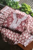 Copper Rose & White Soft Cotton Printed Unstitched Kurta Dupatta Set with Chikankari & Sequin Work
