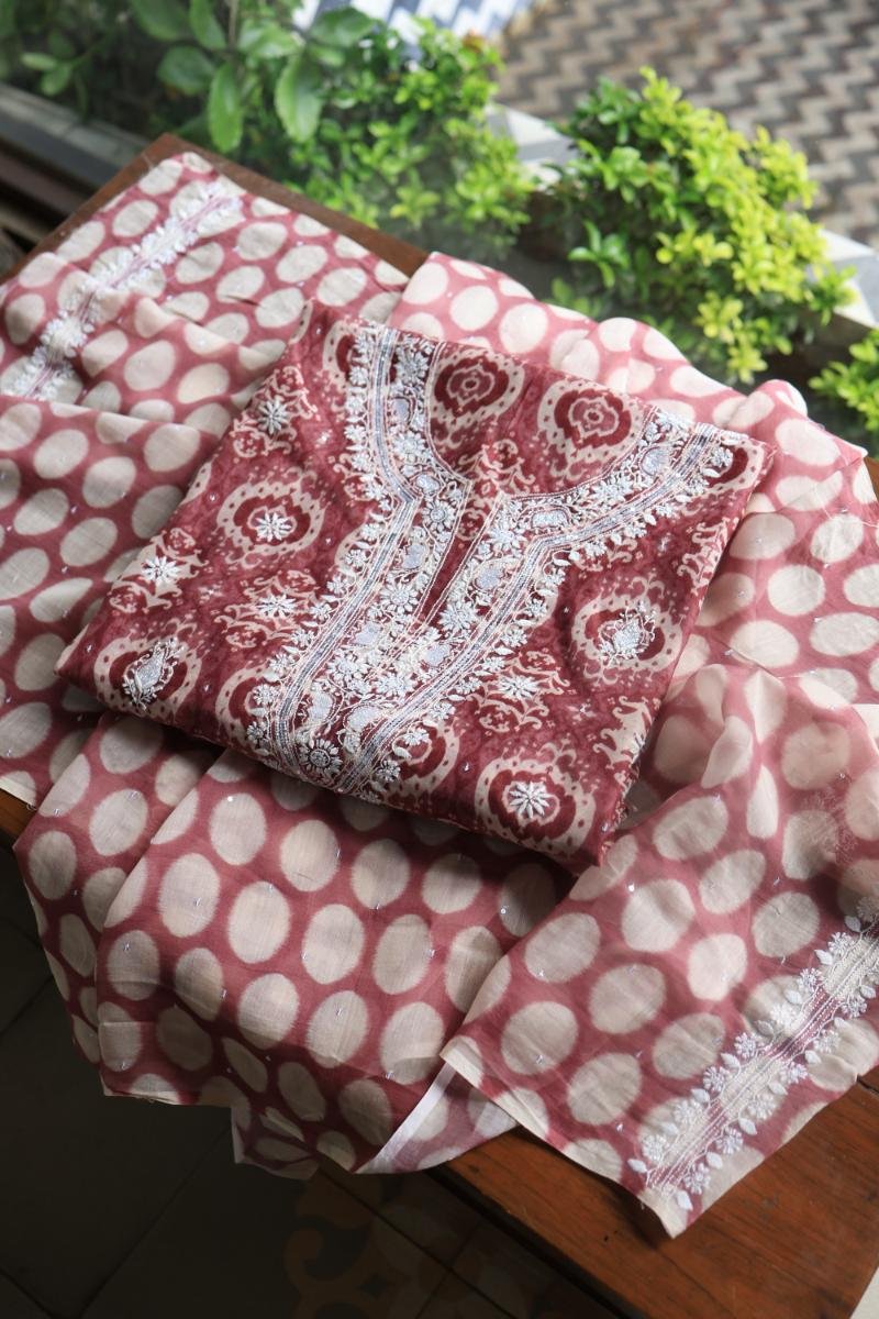 Copper Rose & White Soft Cotton Printed Unstitched Kurta Dupatta Set with Chikankari & Sequin Work