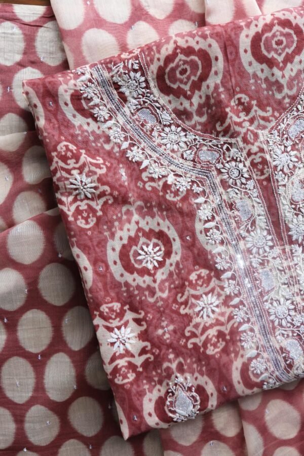 Copper Rose & White Soft Cotton Printed Unstitched Kurta Dupatta Set with Chikankari & Sequin Work - Image 8
