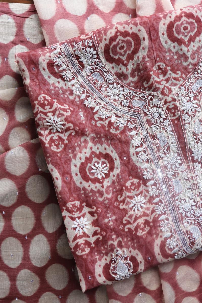 Copper Rose & White Soft Cotton Printed Unstitched Kurta Dupatta Set with Chikankari & Sequin Work