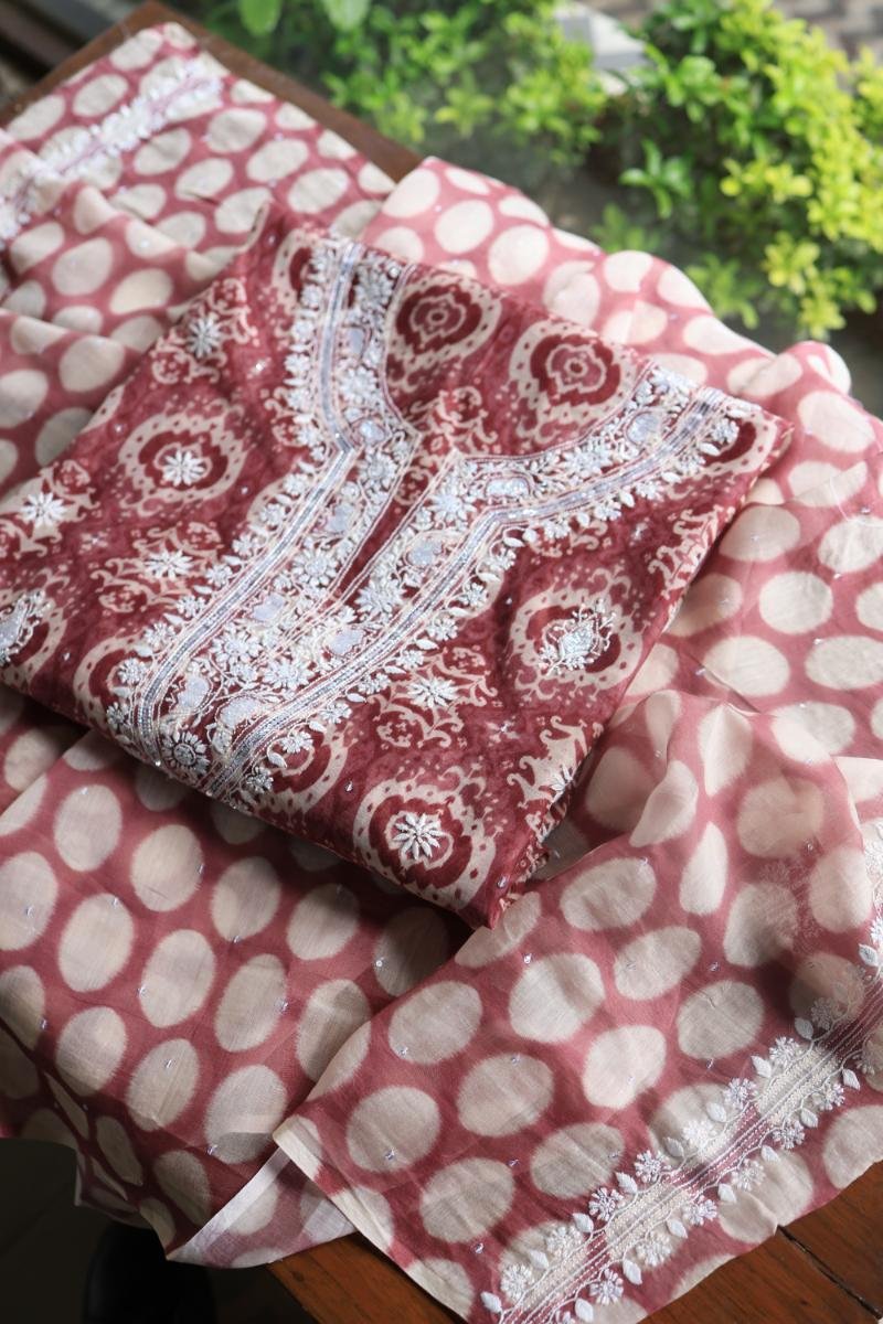 Copper Rose & White Soft Cotton Printed Unstitched Kurta Dupatta Set with Chikankari & Sequin Work