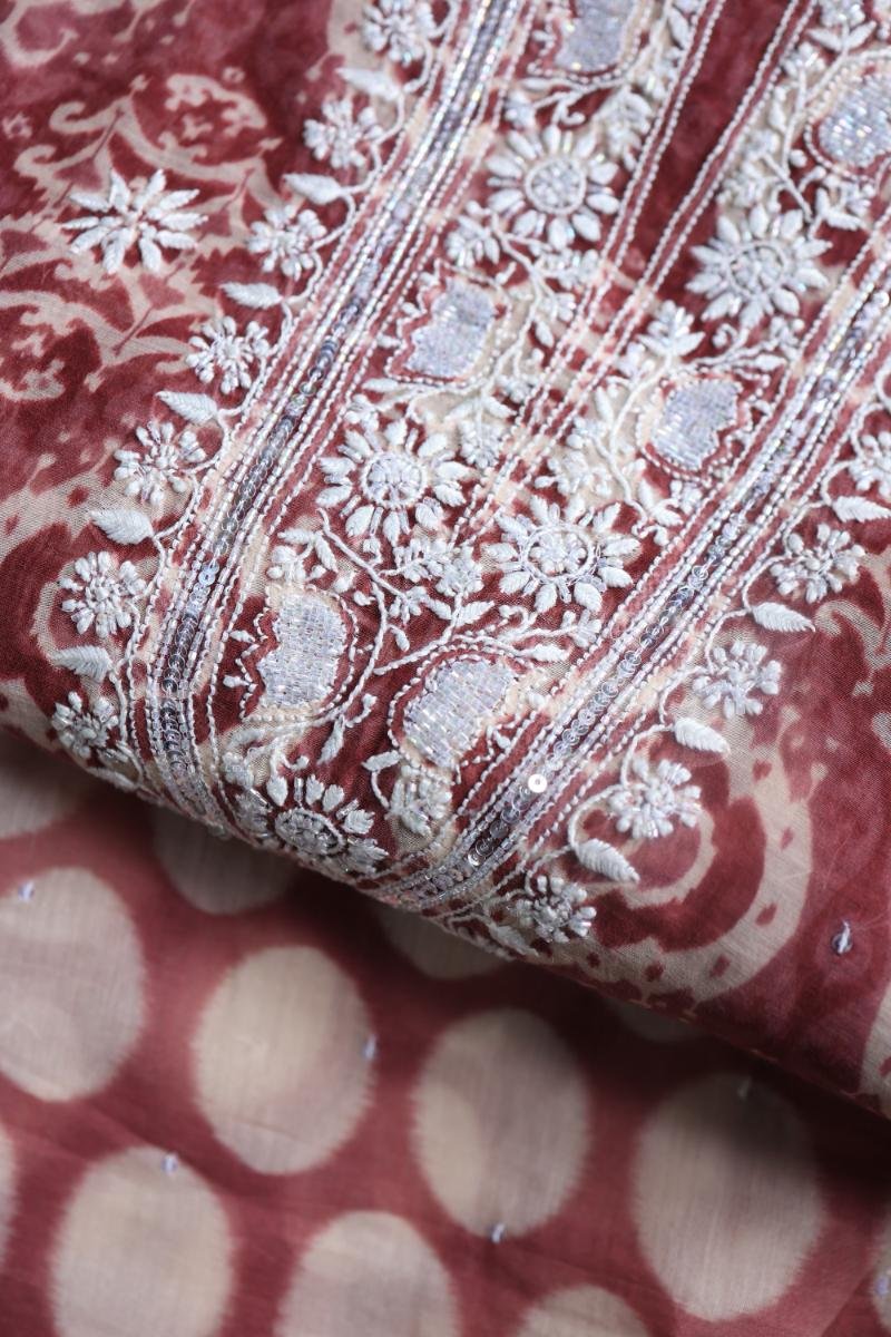 Copper Rose & White Soft Cotton Printed Unstitched Kurta Dupatta Set with Chikankari & Sequin Work