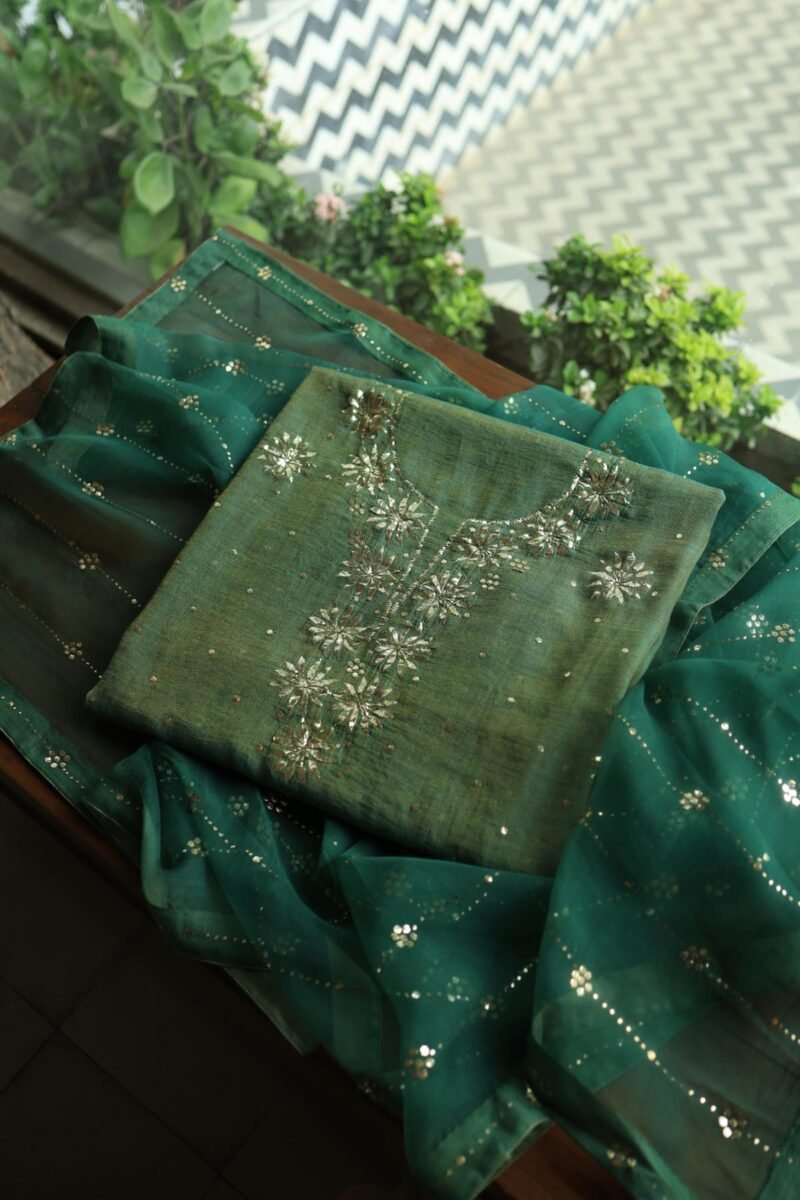 Dark Green Roheen Tissue Silk Mukaish Badla Fabric
