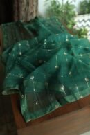 Dark Green Roheen Tissue Silk Mukaish Badla Fabric