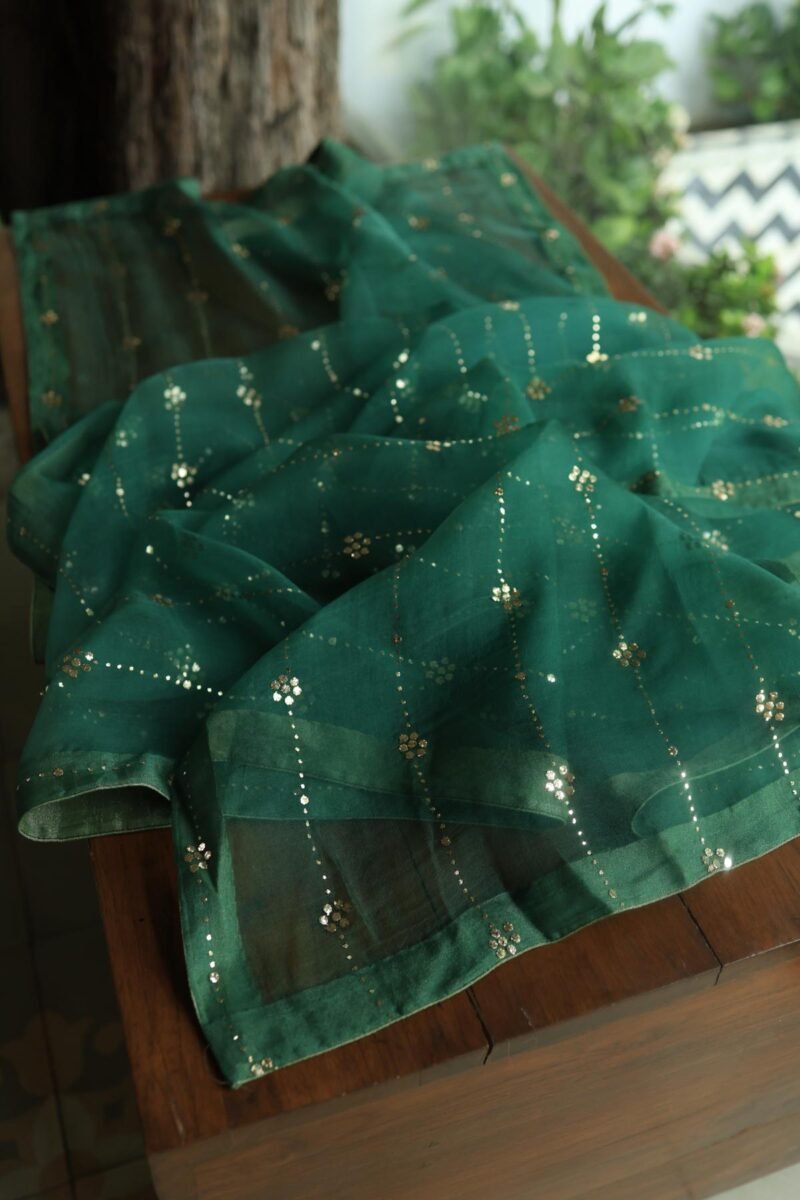 Dark Green Roheen Tissue Silk Mukaish Badla Fabric