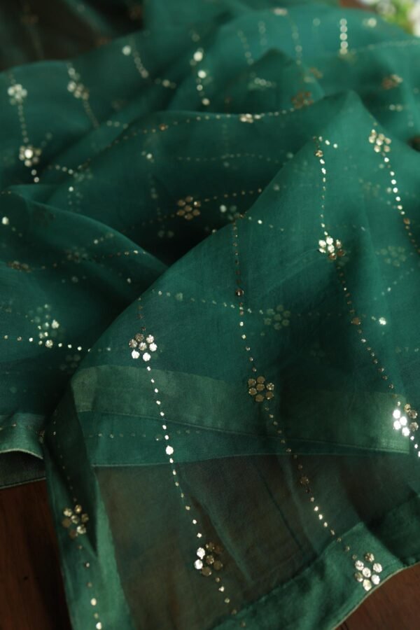Dark Green Roheen Tissue Silk Mukaish Badla Fabric - Image 12