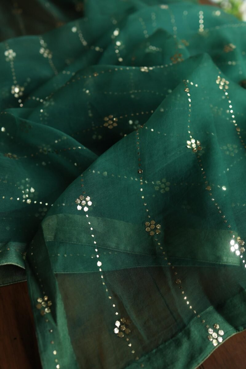 Dark Green Roheen Tissue Silk Mukaish Badla Fabric