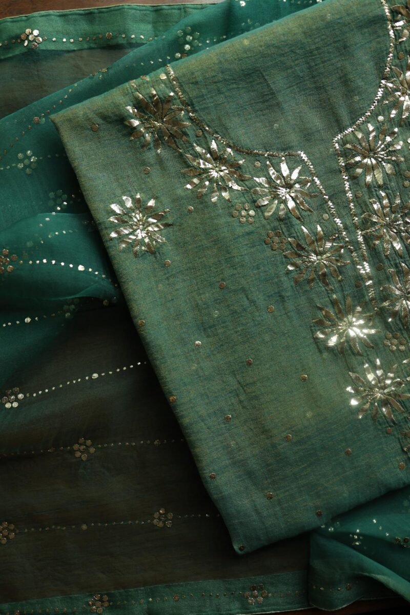 Dark Green Roheen Tissue Silk Mukaish Badla Fabric