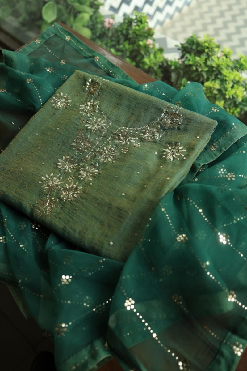Dark Green Roheen Tissue Silk Mukaish Badla Fabric