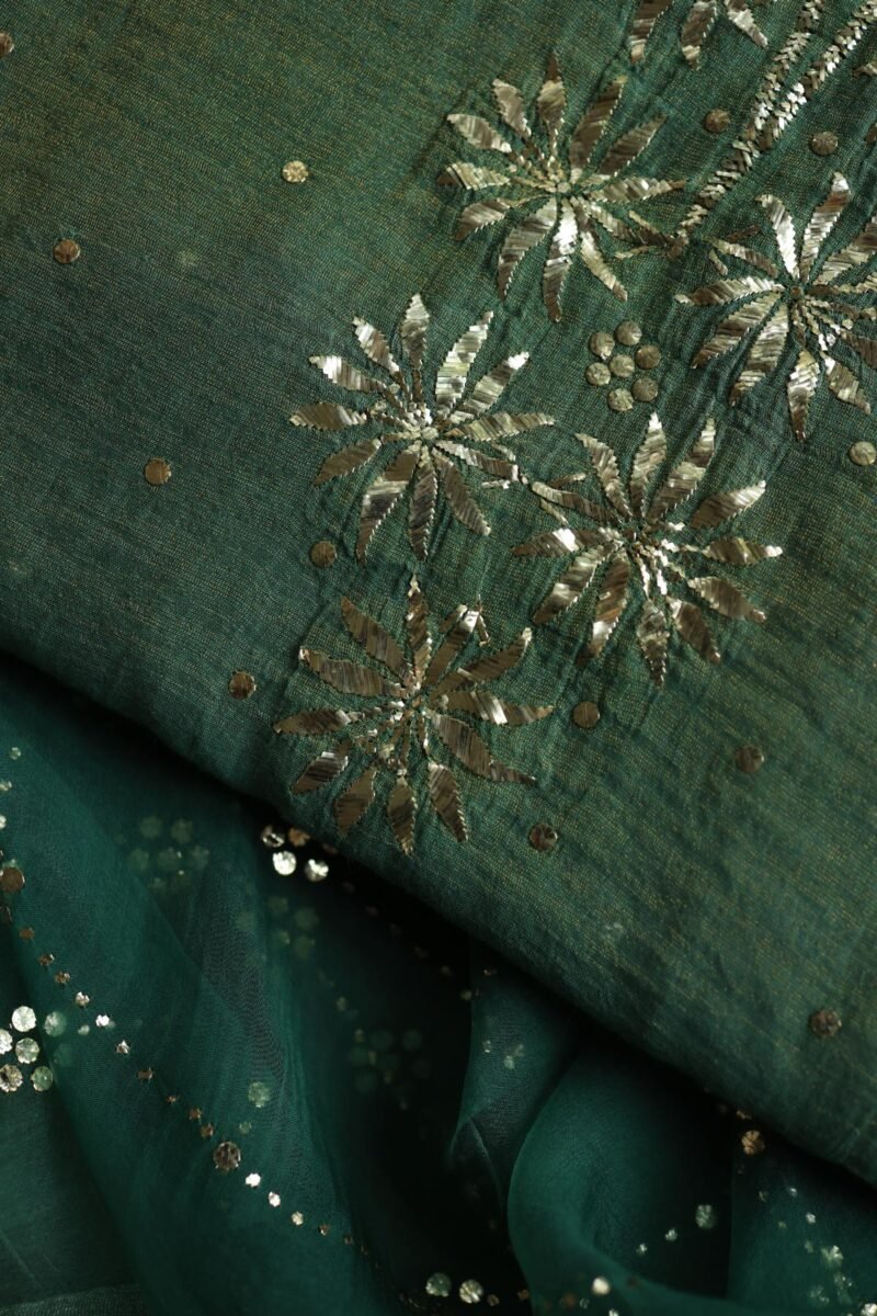 Dark Green Roheen Tissue Silk Mukaish Badla Fabric