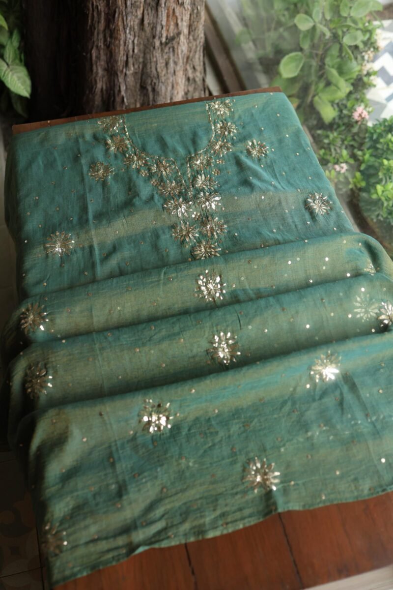 Dark Green Roheen Tissue Silk Mukaish Badla Fabric