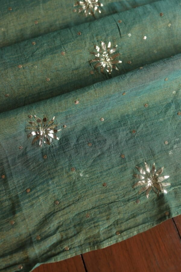 Dark Green Roheen Tissue Silk Mukaish Badla Fabric - Image 8