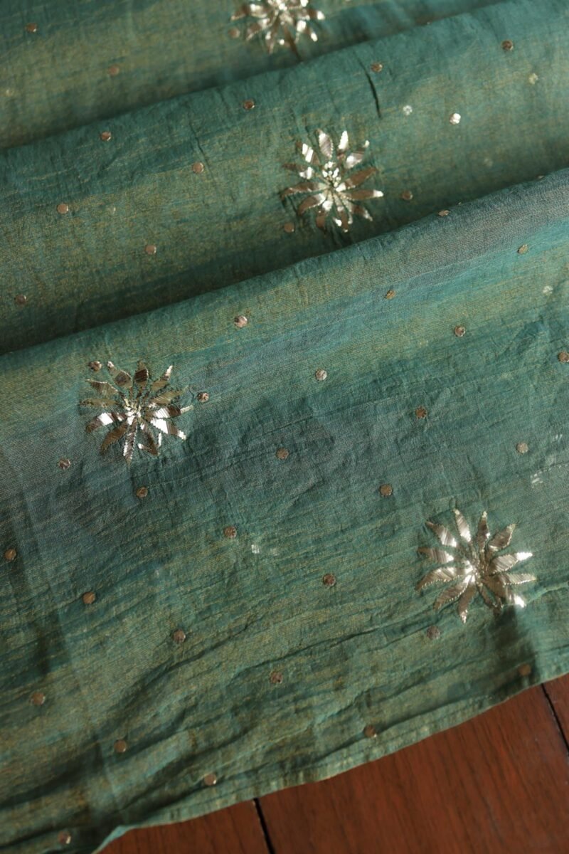 Dark Green Roheen Tissue Silk Mukaish Badla Fabric