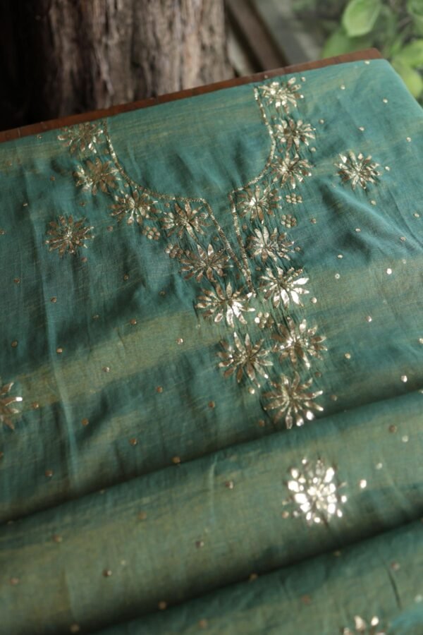 Dark Green Roheen Tissue Silk Mukaish Badla Fabric - Image 9