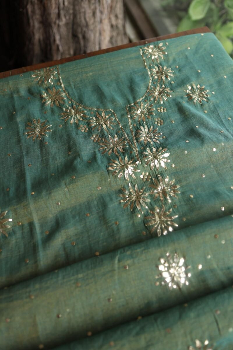 Dark Green Roheen Tissue Silk Mukaish Badla Fabric