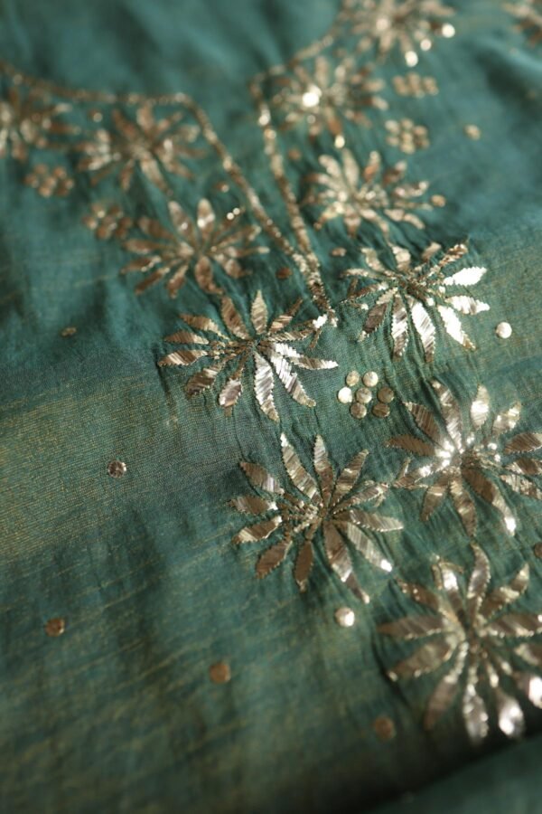 Dark Green Roheen Tissue Silk Mukaish Badla Fabric - Image 2