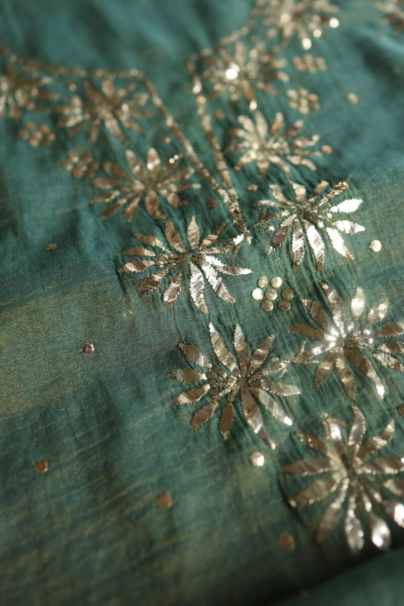 Dark Green Roheen Tissue Silk Mukaish Badla Fabric