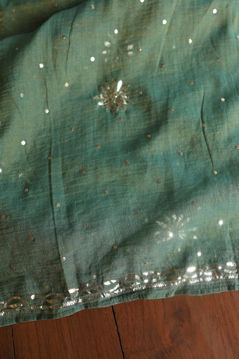 Dark Green Roheen Tissue Silk Mukaish Badla Fabric