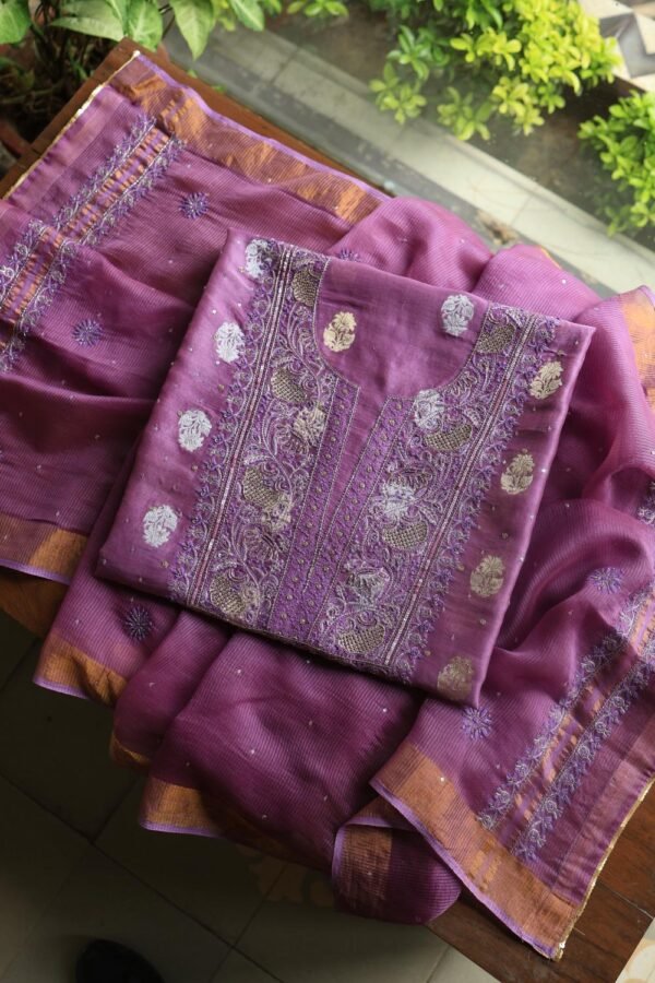 Dark Mauve Banarasi Zari Chanderi Unstitched Chikankari Fabrics - Image 6