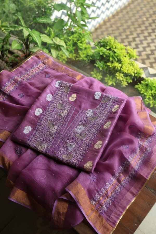 Dark Mauve Banarasi Zari Chanderi Unstitched Chikankari Fabrics - Image 5