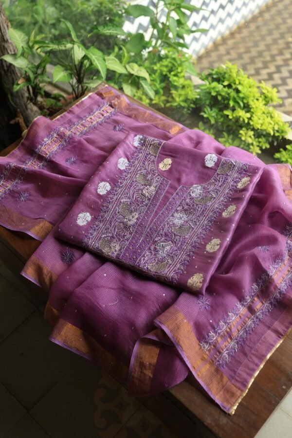 Dark Mauve Banarasi Zari Chanderi Unstitched Chikankari Fabrics - Image 8